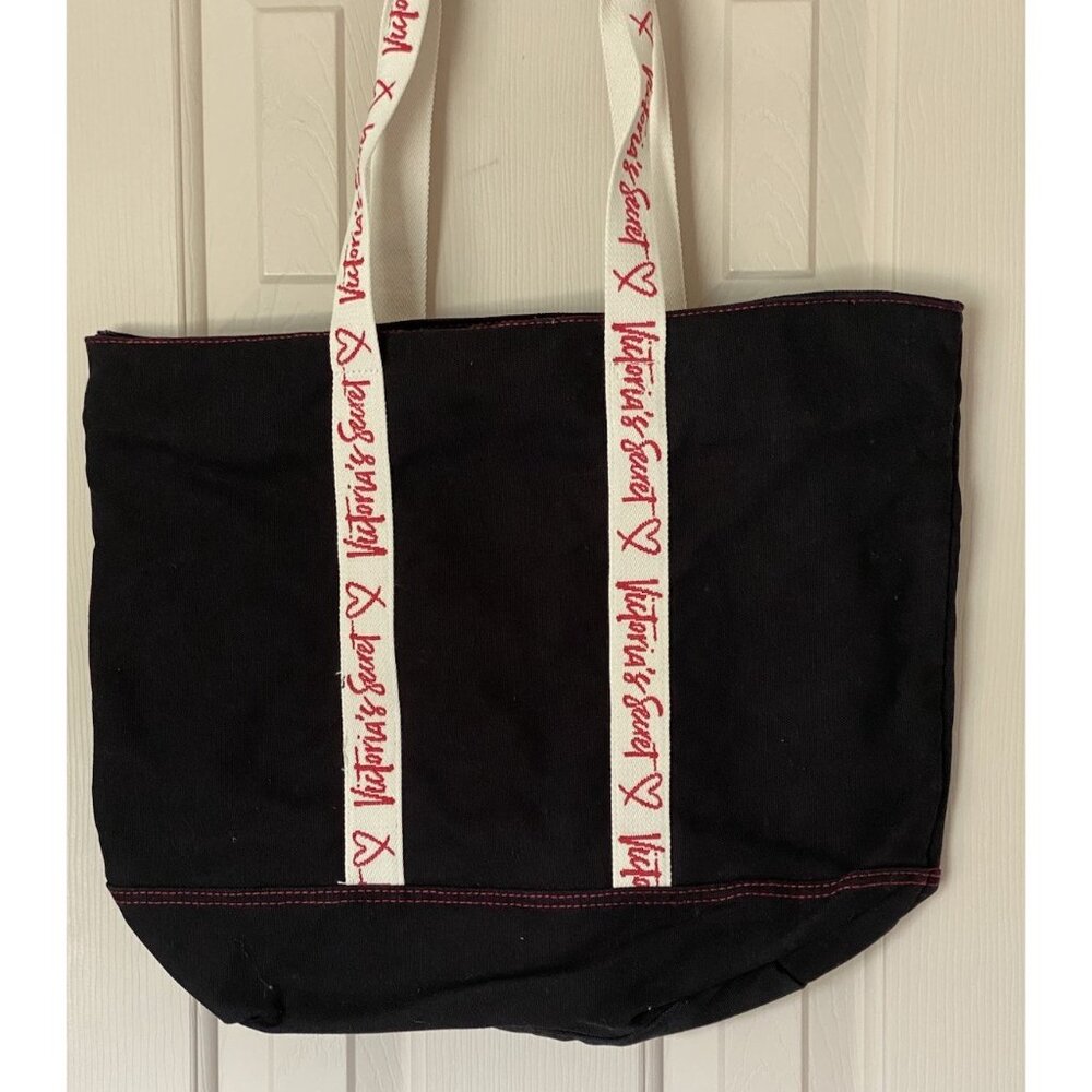Victoria's Secret Black Canvas Tote Bag 17x16x6 Zip Closure w/ Handles - Picture 3 of 8